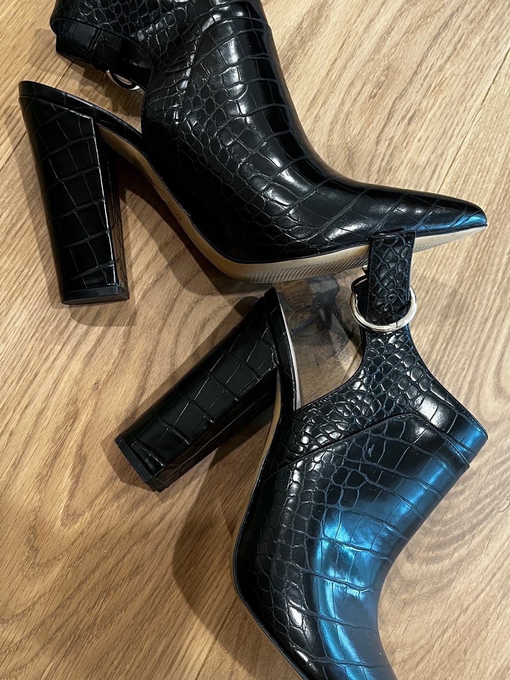 Aldo Black Croc-Embossed Pointed Slingback Block Heels 10 Black - Picture 7 of 9